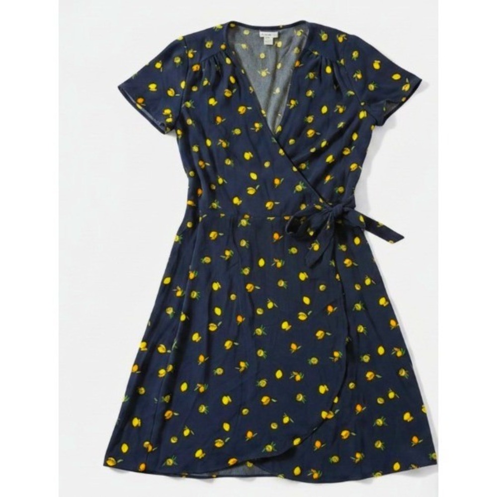 J.Crew Navy Blue Lemon Print Faux Wrap Dress Short Sleeve  Womens Size‎ 0 NWT